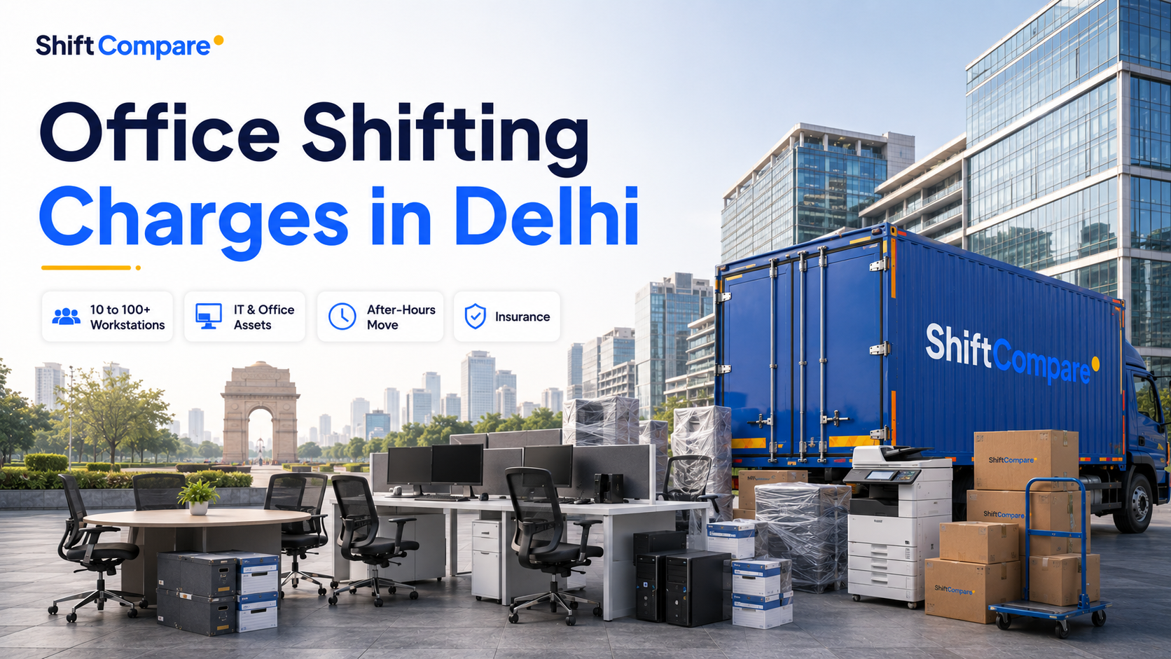 Office shifting charges in Delhi by seat count, IT packing and move timing